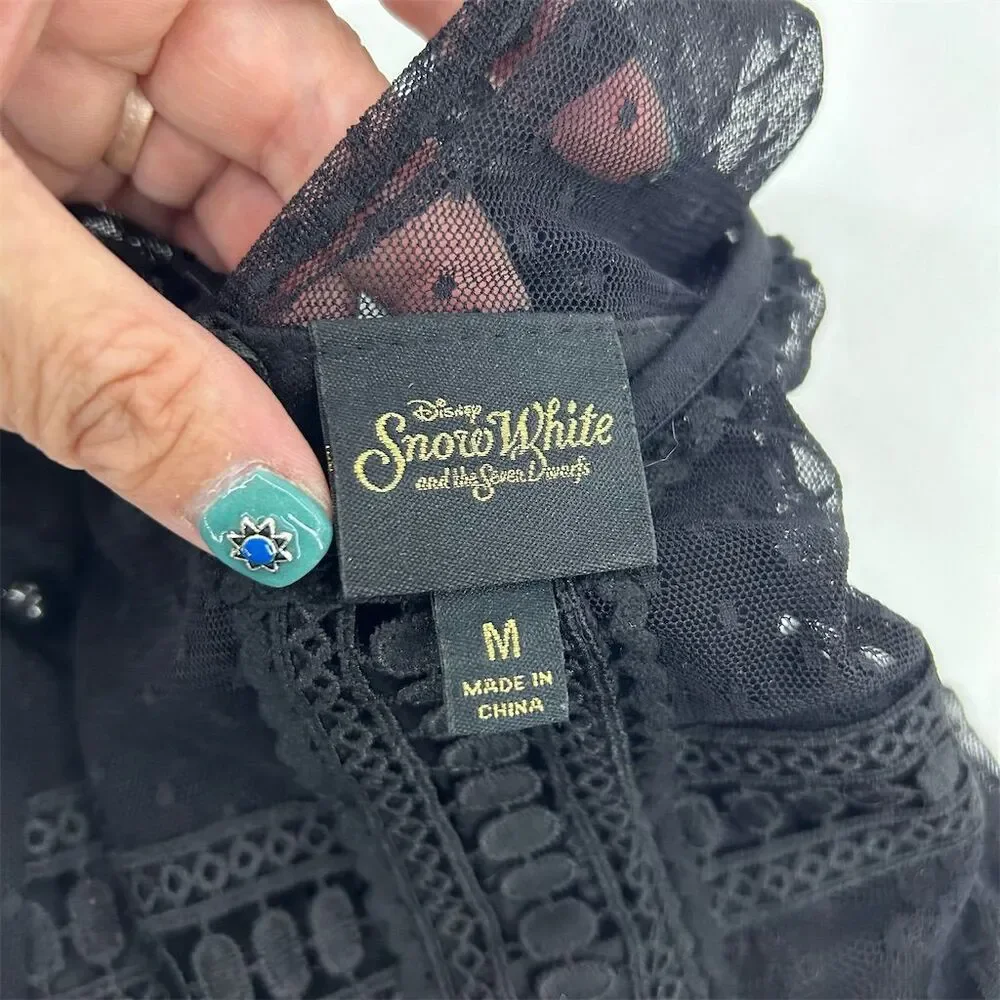 Disney Snow White Black Lace Swing Dress M Polka Dot Party Long Sleeve - Picture 7 of 11